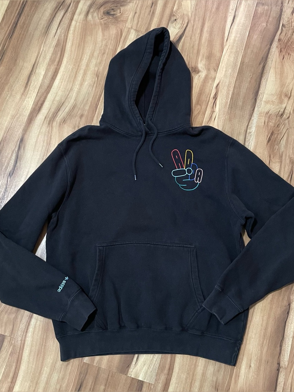 Adidas Originals Mens Black Pullover Hoodie Peace Hand Sign Neon Outline L